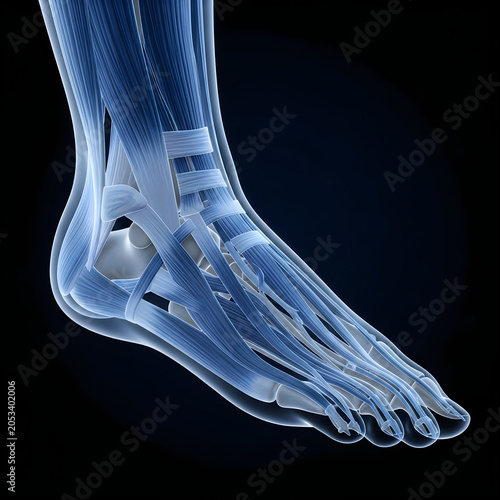 Anatomical foot, skeleton, bones, medical illustration, blue transparent
