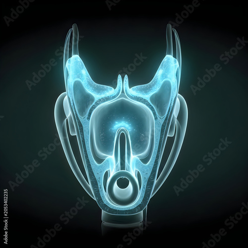 Glowing blue futuristic mask, neon lit face shield, cyberpunk headgear, sci-fi helmet