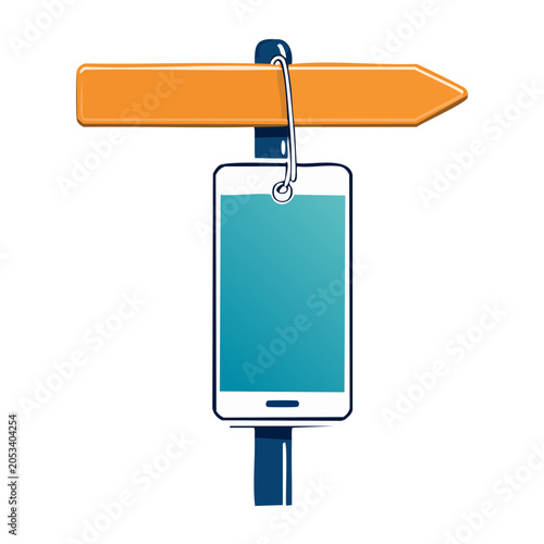 Smartphone signpost with orange arrow and blue screen