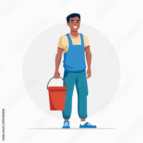 Smiling Man in Overalls Holding a Red Bucket