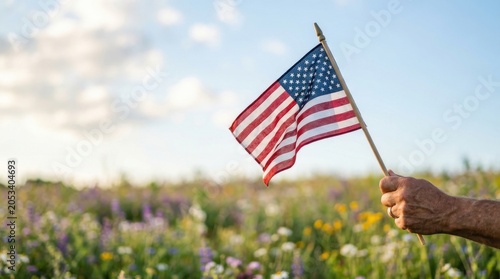 Hand Holding American Flag in Wildflower Field – USA Patriotism and Independence Day Celebration