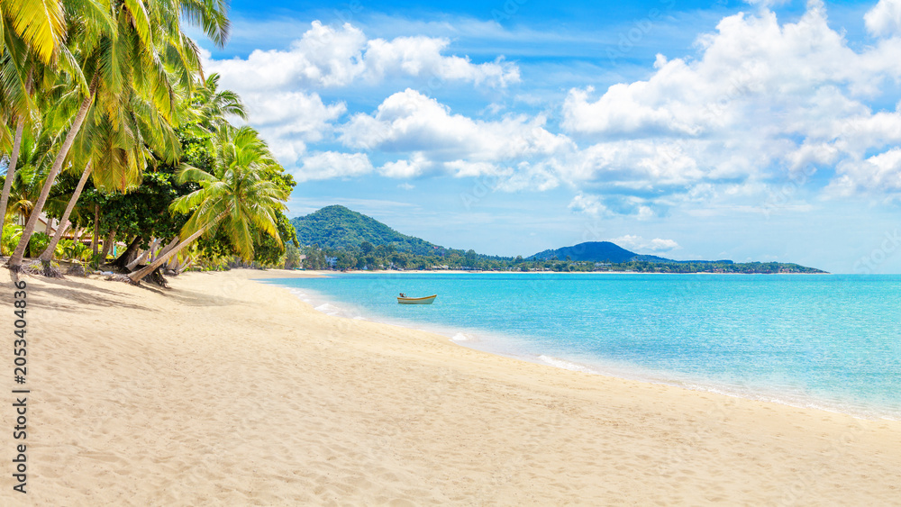 Obraz premium Sea beach landscape, paradise tropical island panorama, turquoise ocean water wave, white sand, green coconut palm tree leaves, hot sunny day, summer holidays, vacation, travel, Koh Samui, Thailand