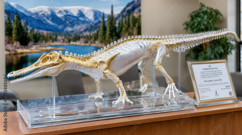 Fototapeta premium Long dinosaur fossil skeleton displayed in clear museum case for educational exhibit background and science banner