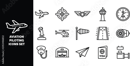 Foto Aviation and piloting set, including airplane, helicopter, control tower, runway