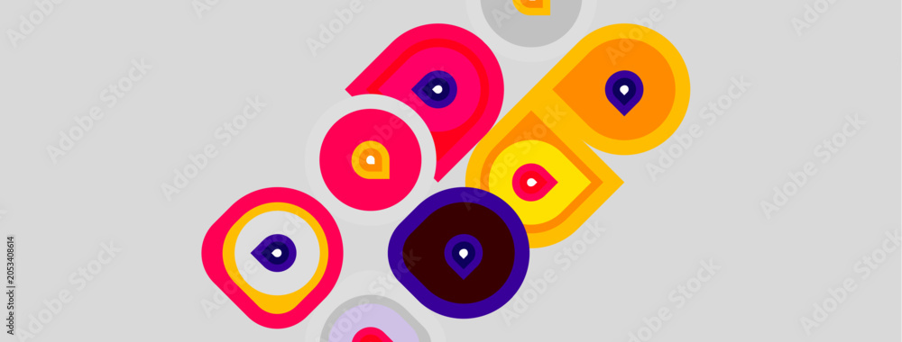 Fototapeta premium Abstract colorful circles overlap, creating dynamic visual pattern. Bright pinks, yellows, purples dominate neutral background. Modern design.