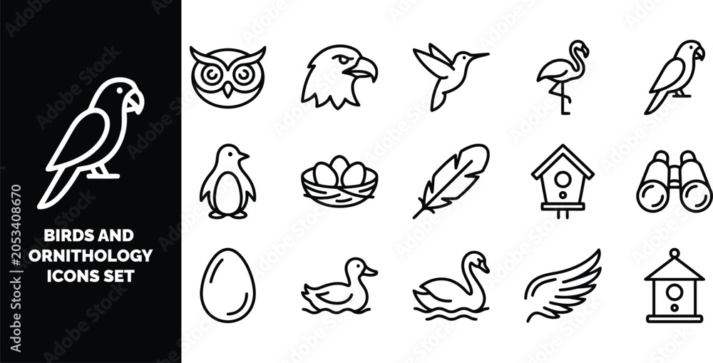 Fototapeta premium Set of black and white line featuring various birds, eggs, nests, feathers, birdhouses, and binoculars for ornithology studies
