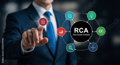 Businessman pointing at root cause analysis RCA diagram for business problem solving
