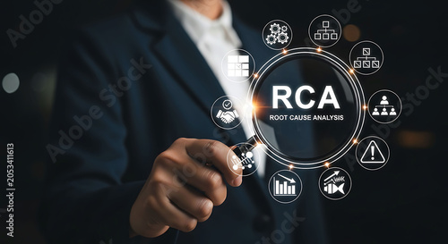 Business person using magnifying glass for Root Cause Analysis RCA process icons
