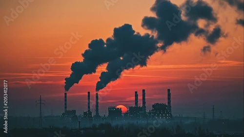 Industrial factory chimneys emitting smoke into the sky at sunset, air pollution concept.