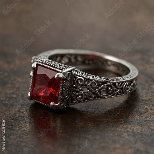 Realistic photo of princess cut ruby gemstone on silver ring vintage filigree design luxury jewelry art