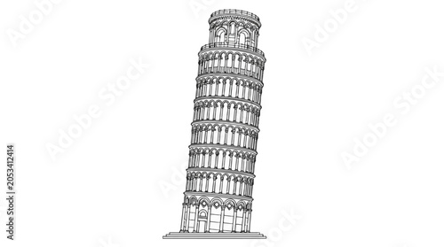 Schilderij op canvas Leaning Tower Sketch Line Art Illustration Isolated on White Background Minimali