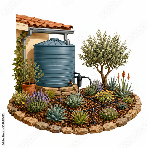Rainwater Harvesting System with Drought Resistant Garden and Drip Irrigation