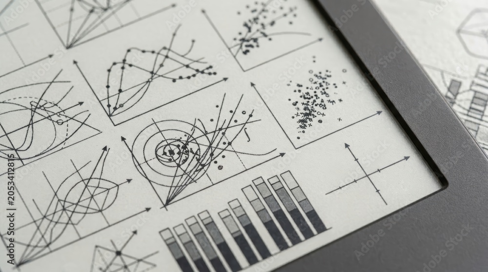 Fototapeta premium Close-up of E-ink display showing various charts and graphs
