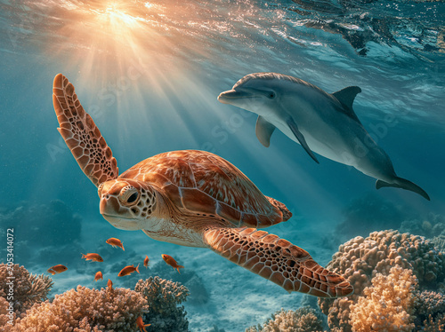A turtle swimming under the sea and cute dolphin swimming is behind , beautiful sunlight reflect in the water.