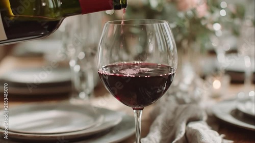 Pouring Red Wine into a Glass on a Table Setting