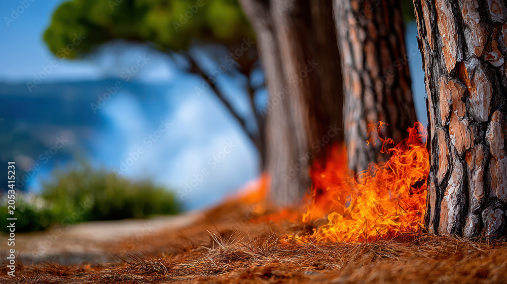 Fototapeta premium Burning row of pine trees with flames along the ground and coastal smoke for wildfire awareness banner and environmental design