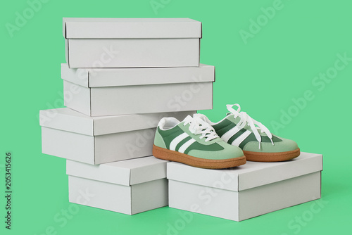 Green and white sneakers wi...