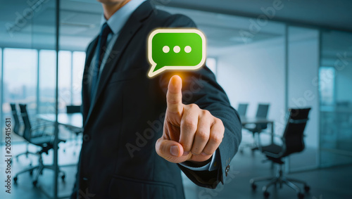 Customer support chat interface with green message icon for service request, client response, help desk contact, business feedback and online assistance.
