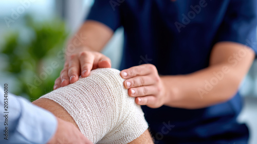 Doctor wrapping compression bandage on patient knee for medical care and rehabilitation poster or clinic brochure background