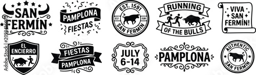 San Fermin Pamplona Festival Badges and Logo Elements Set