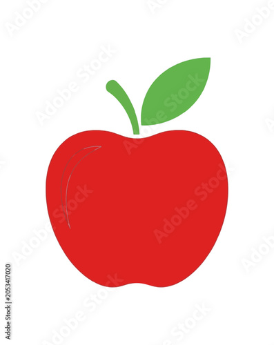 A vibrant red apple with a green stem and leaf.