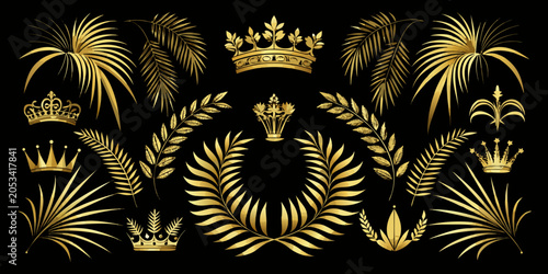Golden crowns and tropical palm leaves decorative set, vector
