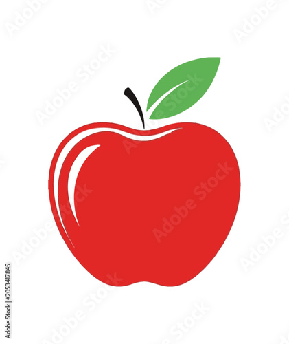 Vibrant Red Apple with Green Leaf and Stem.