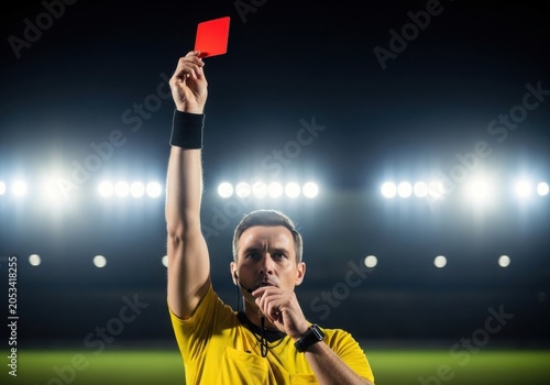Soccer Referee Showing Red Card Under Stadium Lights – Football Rules and Sports Officiating Concept