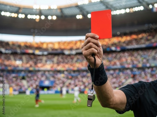 Referee hand in black glove showing red card at soccer stadium during match