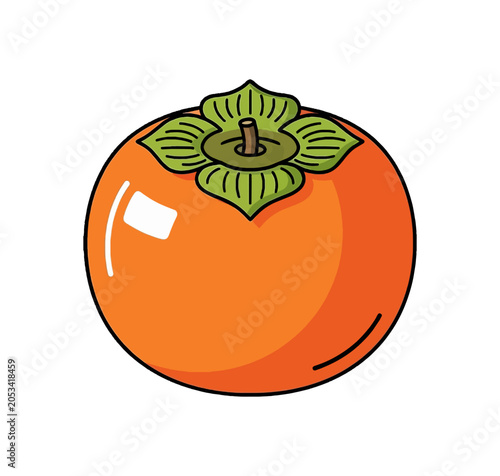 Vibrant Orange Persimmon Fruit with Green Leaves Illustration.