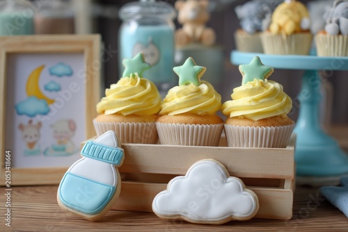 Sweet baby shower celebration with yellow cupcakes, star, & cookies