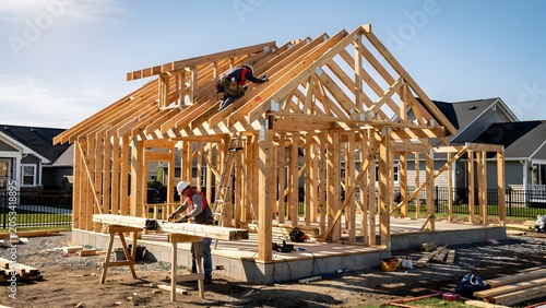 Professional builders assembling wooden house frame on sunny construction site