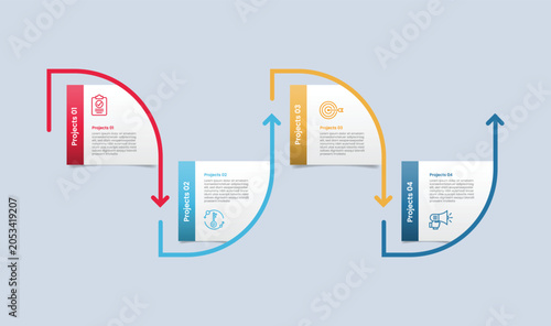 zigzag horizontal timeline infographic with glossy gradient style with square box with curve line arrow upside down with four segment information