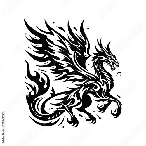 A striking black and white illustration of a mythical dragon with fiery wings and ornate tribal markings.