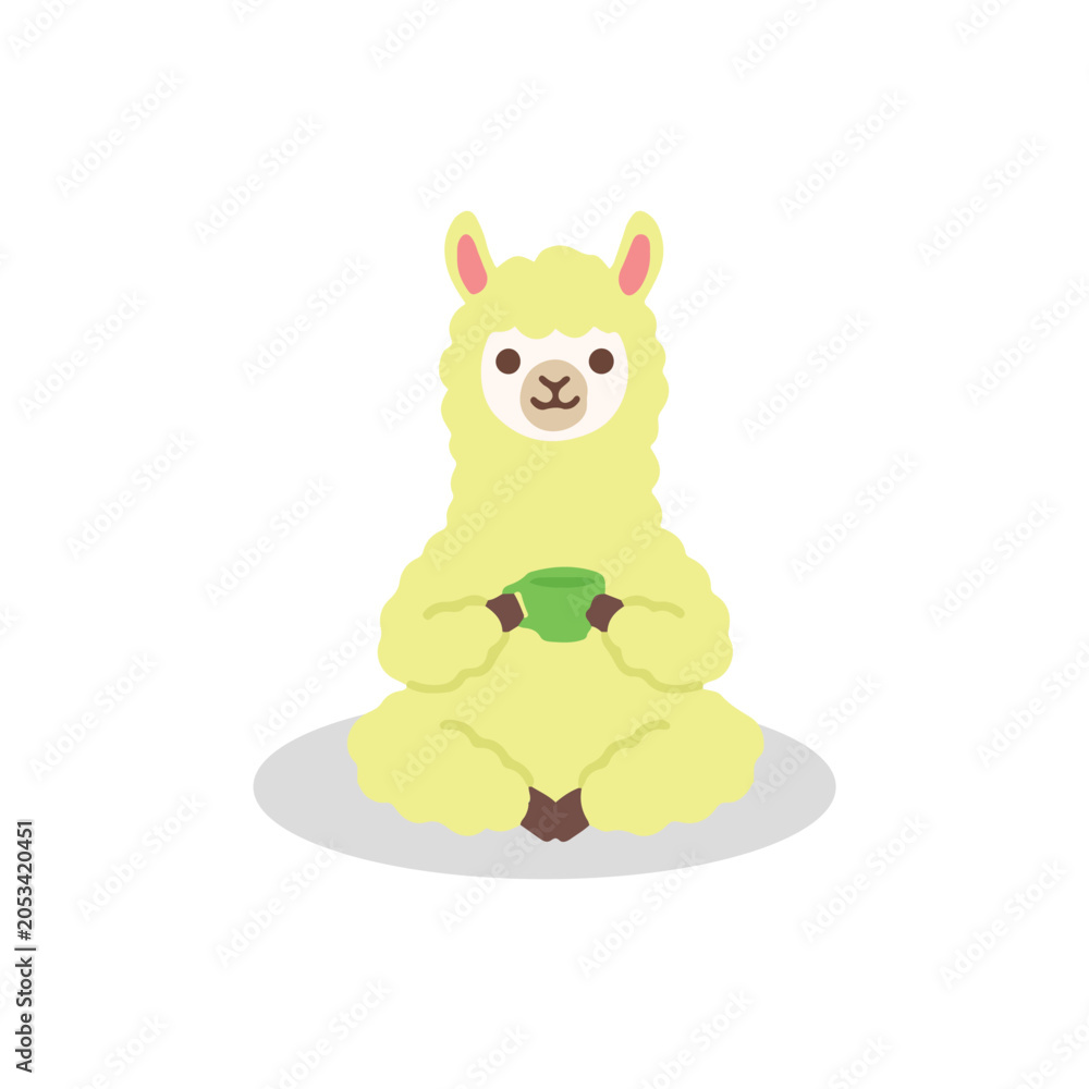 Fototapeta premium Cute yellow alpaca sitting cross-legged and drinking tea flat vector illustration of mindful llama