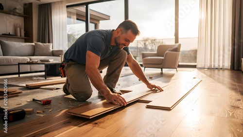 Professional worker installing wooden laminate floor in modern living room during home renovation project