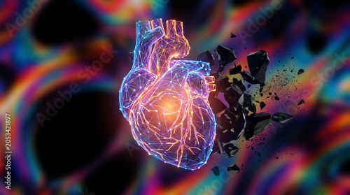 Futuristic Digital Human Heart Shattering into Fragments with Glowing Plexus Network and Abstract Background