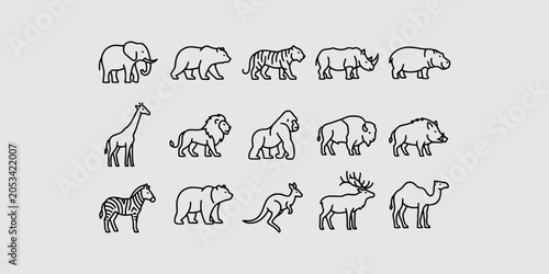 Photography Icon set collection of various wild animals and mammals, designed in a clean, minimalist, linear style for professional use