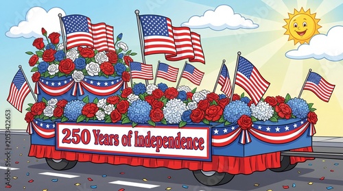 Patriotic parade float with 250 Years of Independence banner, American flags and red white blue flowers, Fourth of July celebration illustration