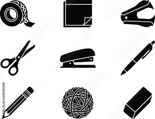 Cuadro en lienzo Office stationery icons set with scissors, stapler, pen, pencil, tape, eraser, p