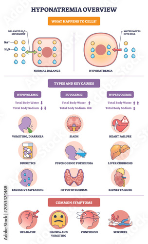 Φωτογραφία Hyponatremia overview shows cell swelling as water enters with low sodium, icons summarize causes and symptoms, transparent background