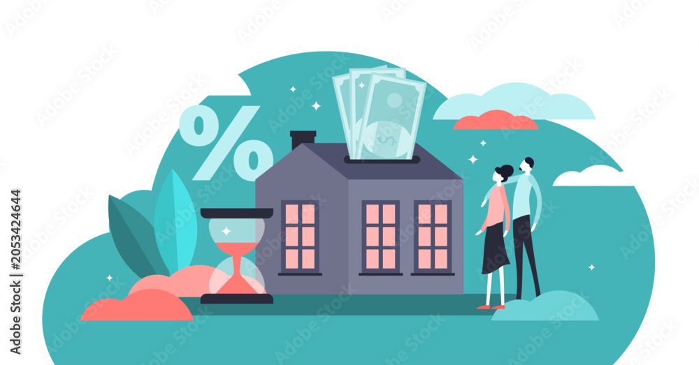 Naklejka premium Mortgage illustration, transparent background. Flat tiny house purchase debt persons concept. Buy real estate and pay credit to bank. Abstract ownership agreement visualization.