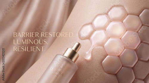Barrier restored luminous resilient skin with serum dropper glowing hexagonal pattern smooth texture healthy complexion radiant hydration rejuvenation