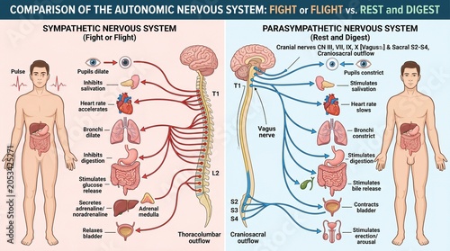 The autonomic nervous system comparison between fight or flight and rest and digest with a man on each side showing the sympathetic and parasympathetic nervous systems