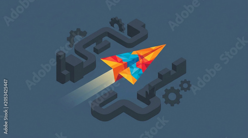 Abstract Paper Airplane Launching Through Complex Machinery Gears for Innovative Startup Growth and Creative Business Strategy Development