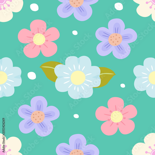 Seamless Floral Pattern with Pastel Flowers on Turquoise Background