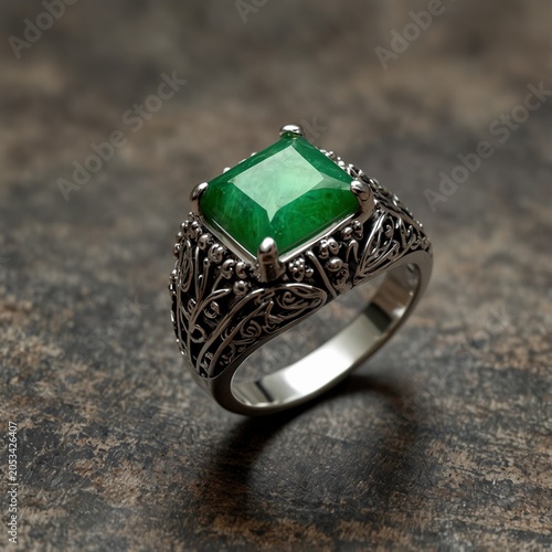 Realistic photo of princess cut chrysoprase gemstone on silver ring leaf pattern design realistic jewelry art