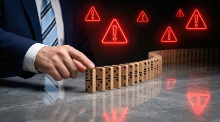 Businessman triggering domino effect with warning signs