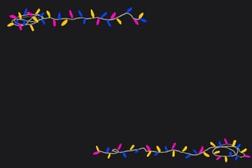 Hand-drawn colorful string lights top and bottom border on black background