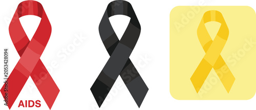Schilderij op canvas Awareness ribbon vector set featuring red AIDS loop, black mourning ribbon, and